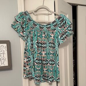 New Directions Weekend Teal & White Blouse